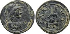 Roman Provincial Coins LYDIA. Sala. Pseudo-autonomous. Time of Trajan (98-117). Ae. Obv: Helmeted bust of Athena right, wearing aegis. Rev: СΑΛΗΝΩΝ. Kybele seated left on throne, holding patera and re