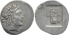 Roman Provincial Coins LYCIA. Lycian League. Masicytes. Hemidrachm (Circa 27-20 BC). Obv: Λ - V. Laureate head of Apollo right. Rev: M - A. Lyre; tripod to right; all within incuse square. RPC I 3310;