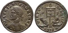 Roman Imperial Coins CRISPUS (Caesar, 316-326). Follis. Siscia. Obv: IVL CRISPVS NOB CAES. Laureate and cuirassed bust left, holding shield and spear. Rev: VIRTVS EXERCIT / ASIS✷. Two captives seated 