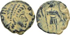 Roman Imperial Coins HONORIUS (393-423). Nummus. Lugdunum or Constantinople. Obv: Diademed, draped and cuirassed bust right. Rev: Honorius standing facing, head right, holding labarum and resting hand