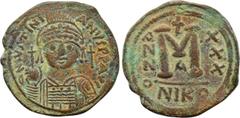 Byzantine Coins JUSTINIAN I (527-565). Follis. Nicomedia. Dated RY 30 (556/7). Obv: D N IVSTINIANVS P P AVG. Helmeted and cuirassed bust facing, holding globus cruciger and shield decorated with horse