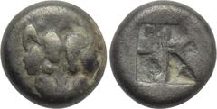 Greek Coins CIMMERIAN BOSPOROS. Pantikapaion. Diobol (Circa 480-438/7 BC). Obv: Facing head of panther or lion. Rev: Quadripartite incuse square. MacDonald 1/5 corr. (triobol); HGC 7, 31 (as half sigl