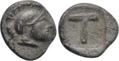 Greek Coins ARKADIA. Tegea. Tetartemorion (Circa 423-400 BC). Obv: Helmeted head of Athena right. Rev: Large T within incuse square. BCD Peloponnesos 1721 var. (head left); HGC 5, 1054 var. (same). Co