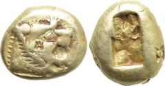 Greek Coins KINGS OF LYDIA. Time of Alyattes to Kroisos (Circa 620/10-550/39 BC). EL Trite or 1/3 Stater. Sardes. Obv: Head of roaring lion right, with star on forehead. Rev: Two incuse square punches