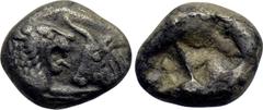 Greek Coins KINGS OF LYDIA. Kroisos (Circa 564/53-550/39 BC). 1/6 Stater. Sardes. Obv: Confronted foreparts of lion and bull. Rev: Two incuse square punches. Berk 25; Traité I -; SNG Kayhan I 1019. Co