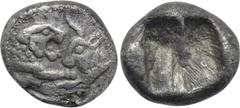Greek Coins KINGS OF LYDIA. Kroisos (Circa 564/53-550/39 BC). 1/24 Stater. Sardes. Obv: Confronted foreparts of lion and bull. Rev: Incuse square punch. Berk -; Traité -; SNG Kayhan I 1022; Klein 562.
