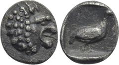 Greek Coins CARIA. Mylasa. Tetartemorion (Circa 420-390 BC). Obv: Head of roaring lion right. Rev: Bird standing right within incuse square. SNG Kayhan I 944 var. (pellets on rev.); SNG Keckman 922 va