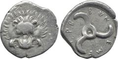 Greek Coins DYNASTS OF LYCIA. Trbbenimi (Circa 390-370 BC). Tetrobol. Uncertain mint. Obv: Facing scalp of lion. Rev: Triskeles within incuse circle. Müseler VIII.25-7; SNG von Aulock 4215. Condition: