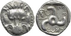 Greek Coins DYNASTS OF LYCIA. Perikles (Circa 380-360 BC). Tetrobol. Uncertain mint, possibly Phellos. Obv: Facing scalp of lion. Rev: Triskeles within incuse square; in field to left, laureate and dr