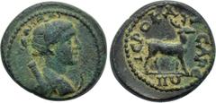 Roman Provincial Coins LYDIA. Hierocaesarea. Pseudo-autonomous. Time of Trajan (98-117). Ae. Obv: Draped bust of Artemis Persica (with features of Trajan) right, with quiver over shoulder; bow to righ