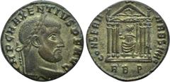 Roman Imperial Coins MAXENTIUS (307-312). Follis. Rome. Obv: IMP C MAXENTIVS P F AVG. Laureate head right. Rev: CONSERV VRB SVAE / RBP. Hexastyle temple, containing Roma seated right on throne, holdin