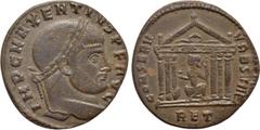 Roman Imperial Coins MAXENTIUS (307-312). Follis. Rome. Obv: IMP C MAXENTIVS P F AVG. Laureate head right. Rev: CONSERV VRB SVAE / RET. Hexastyle temple, containing Roma seated right on throne, holdin