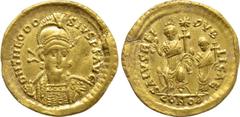 Roman Imperial Coins THEODOSIUS II (402-450). GOLD Solidus. Constantinople. Consular issue. Obv: D N THEODOSIVS P F AVG. Helmeted and cuirassed bust facing slightly right, holding spear and shield dec