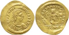 Byzantine Coins JUSTINIAN I (527-565). GOLD Tremissis. Constantinople. Obv: D N IVSTINIANVS P P AVG. Diademed, draped and cuirassed bust right. Rev: VICTORIA AVGVSTORVM / CONOB. Victory advancing righ