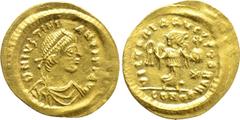 Byzantine Coins JUSTINIAN I (527-565). GOLD Tremissis. Constantinople. Obv: D N IVSTINIANVS P P AVG. Diademed, draped and cuirassed bust right. Rev: VICTORIA AVGVSTORVM / CONOB. Victory advancing righ
