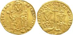 Byzantine Coins BASIL I THE MACEDONIAN with CONSTANTINE (867-886). GOLD Solidus. Constantinople. Obv: + IҺS XPS RЄX RЄGNANTIЧM ✷. Christ Pantokrator seated facing on throne. Rev: ЬASILIOS ЄT COҺSTAҺT 
