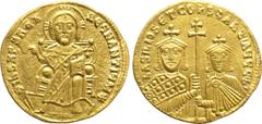 Byzantine Coins BASIL I THE MACEDONIAN with CONSTANTINE (867-886). GOLD Solidus. Constantinople. Obv: + IҺS XPS RЄX RЄGNANTIЧM ✷. Christ Pantokrator seated facing on throne. Rev: ЬASILIOS ЄT COҺSTAҺT 