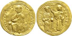Byzantine Coins ROMANUS III ARGYRUS (1028-1034). GOLD Histamenon. Constantinople. Obv: + IҺS XIS RЄX RЄGNANTIҺM. Christ Pantokrator seated facing on throne. Rev: ΘCЄ ЬOHΘ RωMAҺω. Romanus standing faci