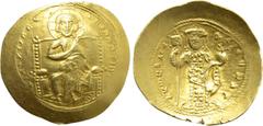 Byzantine Coins CONSTANTINE X DUCAS (1059-1067). EL Histamenon. Constantinople. Obv: Christ Pantokrator seated facing on throne. Rev: Constantine standing facing on foot stool, holding labarum and glo