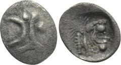 Greek Coins MYSIA. Kyzikos. Tetartemorion (Circa 5th century BC). Obv: Three crescents in triangular arrangement; pellet within crescent and two between two crescents. Rev: Head of lion left within in