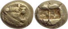 Greek Coins KINGS OF LYDIA. Time of Alyattes to Kroisos (Circa 620/10-550/39 BC). EL Trite or 1/3 Stater. Sardes. Obv: Head of roaring lion right, with star on forehead. Rev: Two incuse square punches