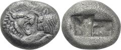 Greek Coins KINGS OF LYDIA. Kroisos (Circa 564/53-550/39 BC). 1/3 Stater. Sardes. Obv: Confronted foreparts of lion and bull. Rev: Two incuse square punches. Berk 24; Traité I 412; SNG Kayhan I -; Bos