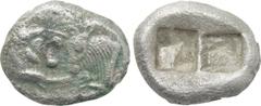 Greek Coins KINGS OF LYDIA. Time of Cyrus to Darios I (Circa 550/39-520 BC). Siglos or Half Stater. Sardes. Obv: Confronted foreparts of lion and bull. Rev: Two incuse square punches. Berk 22; Traité 