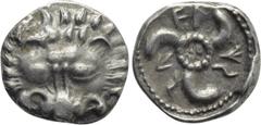 Greek Coins DYNASTS OF LYCIA. Wekhssere II (Circa 400-380 BC). Tetrobol. Tlos. Obv: Facing scalp of lion. Rev: Triskeles within incuse circle; two Lycian letters at center; all within pelleted circle 