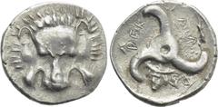 Greek Coins DYNASTS OF LYCIA. Perikles (Circa 380-360 BC). 1/3 Stater. Obv: Facing lion’s scalp. Rev: Triskeles; facing head of Hermes in lower field. BMC 156. Condition: Very fine. Weight: 2.97 g. Di