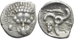 Greek Coins DYNASTS OF LYCIA. Perikles (Circa 380-360 BC). 1/3 Stater. Obv: Facing lion's scalp. Rev: Triskeles; dolphin in upper field, female facing head in lower left field. SNG Copenhagen -; SNG v