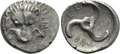 Greek Coins DYNASTS OF LYCIA. Perikles (Circa 380-360 BC). Tetrobol. Uncertain mint, possibly Limyra. Obv: Facing scalp of lion. Rev: Triskeles within incuse circle. Müseler VIII.49 & VIII.51; SNG von