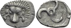 Greek Coins DYNASTS OF LYCIA. Perikles (Circa 380-360 BC). Tetrobol. Uncertain mint, possibly Limyra. Obv: Facing scalp of lion. Rev: Triskeles within incuse circle. Müseler VIII.47-51; SNG von Aulock