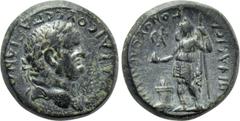Roman Provincial Coins LYDIA. Sardes. Vespasian (69-79). Ae. T. Fl. Eisigonos, strategos. Obv: AVTOK KAIC OVЄCΠACIANΩ. Laureate head right. Rev: ЄΠI T ΦΛ ЄICΓONOV CAPΔIANΩN. Mên standing left, holding