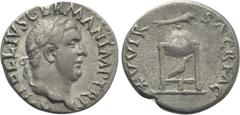 Roman Imperial Coins VITELLIUS (69). Denarius. Rome. Obv: A VITELLIVS GERMAN IMP TR P. Laureate head right. Rev: XV VIR SACR FAC. Tripod surmounted by dolphin right; below, raven standing right. RIC² 