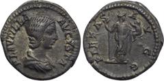 Roman Imperial Coins PLAUTILLA (Augusta, 202-205). Denarius. Rome. Obv: PLAVTILLA AVGVSTA. Draped bust right. Rev: PIETAS AVGG. Pietas standing right, holding sceptre and infant. RIC 367 (Caracalla). 