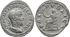 Roman Imperial Coins PUPIENUS (238). Denarius. Rome. Obv: IMP C M CLOD PVPIENVS AVG. Laureate, draped and cuirassed bust right. Rev: PAX PVBLICA. Pax seated left on throne, holding branch and sceptre.