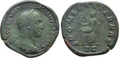 Roman Imperial Coins GORDIAN II (238). Sestertius. Rome. Obv: IMP CAES M ANT GORDIANVS AFR AVG. Laureate, draped and cuirassed bust right. Rev: ROMAE AETERNAE / S C. Roma seated left on throne, holdin