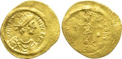 Byzantine Coins JUSTINIAN I (527-565). GOLD Tremissis. Constantinople. Obv: D N IVSTINIANVS P P AVG. Diademed, draped and cuirassed bust right. Rev: VICTORIA AVGVSTORVM / CONOB. Victory advancing righ