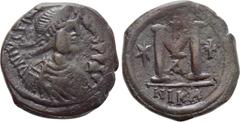 Byzantine Coins JUSTINIAN I (527-565). Follis. Nicomedia. Obv: D N IVSTINIANVS P P AV. Diademed, draped and cuirassed bust right. Rev: Large M; star to left, cross above and to right, A below; NIKM. S
