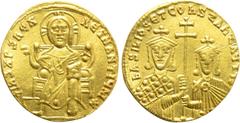 Byzantine Coins BASIL I THE MACEDONIAN with CONSTANTINE (867-886). GOLD Solidus. Constantinople. Obv: + IҺS XPS RЄX RЄGNANTIЧM ✷. Christ Pantokrator seated facing on throne. Rev: ЬASILIOS ЄT COҺSTAҺT 