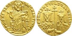 Byzantine Coins BASIL I THE MACEDONIAN with CONSTANTINE (867-886). GOLD Solidus. Constantinople. Obv: + IҺS XPS RЄX RЄGNANTIЧM ✷. Christ Pantokrator seated facing on throne. Rev: ЬASILIOS ЄT COҺSTAҺT 