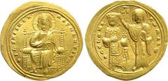 Byzantine Coins ROMANUS III ARGYRUS (1028-1034). GOLD Histamenon. Constantinople. Obv: + IҺS XIS RЄX RЄGNANTIҺM. Christ Pantokrator seated facing on throne. Rev: ΘCЄ ЬOHΘ RωMAҺω. Romanus standing faci