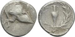 Greek Coins ASIA MINOR. Uncertain. Hemiobol (5th century BC). Obv: Corinthian helmet right. Rev: Amphora within wreath. Numismatik Naumann 53, lot 110; Numismatik Naumann 46, lot 175 (Zakynthos?); CNG