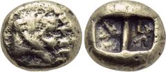 Greek Coins KINGS OF LYDIA. Alyattes (Circa 620/10-564/53 BC). Fourrée Hekte. Imitating Sardes. Obv: Head of roaring lion right, with star on forehead; inscription to right. Rev: Two incuse square pun