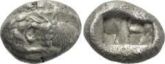 Greek Coins KINGS OF LYDIA. Time of Cyrus to Darios (Circa 550/39-520 BC). Siglos. Sardes. Obv: Confronted foreparts of lion left and bull right. Rev: Double incuse square punch. Berk 22; Traité I 409