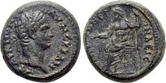 Roman Provincial Coins LYDIA. Stratonicea-Hadrianopolis. Trajan (98-117). Ae. Obv: ΑV ΝЄΡΒΑΝ ΤΡΑΙΑΝΟΝ СЄ. Laureate head right. Rev: IΝΔЄΙ СΤΡΑΤΟΝЄΙ. Zeus seated left on throne, holding patera and scep