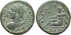 Roman Provincial Coins LYDIA. Thyateira. Pseudo-autonomous (2nd-3rd century AD). Ae. Obv: BOPEITHNH. Draped bust of Artemis Boreitene left, quiver over shoulder. Rev: ΘYATEIPHNΩN. River god Lykos recl