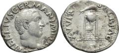 Roman Imperial Coins VITELLIUS (69). Denarius. Rome. Obv: A VITELLIVS GERMAN IMP TR P. Laureate head right. Rev: XV VIR SACR FAC. Tripod surmounted by dolphin right; below, raven standing right. RIC² 