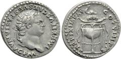 Roman Imperial Coins TITUS (79-81). Denarius. Rome. Obv: IMP TITVS CAES VESPASIAN AVG P M. Laureate head right. Rev: TR P IX IMP XV COS VIII P P. Filleted tripod surmounted by dolphin right on wreath,