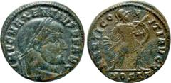 Roman Imperial Coins MAXENTIUS (309-312). Follis. Ostia. Obv: IMP C MAXENTIVS P F AVG. Laureate head right. Rev: MARTI COMITI AVG N / MOSTT. Mars advancing right, holding shield and spear. RIC 50. Rar